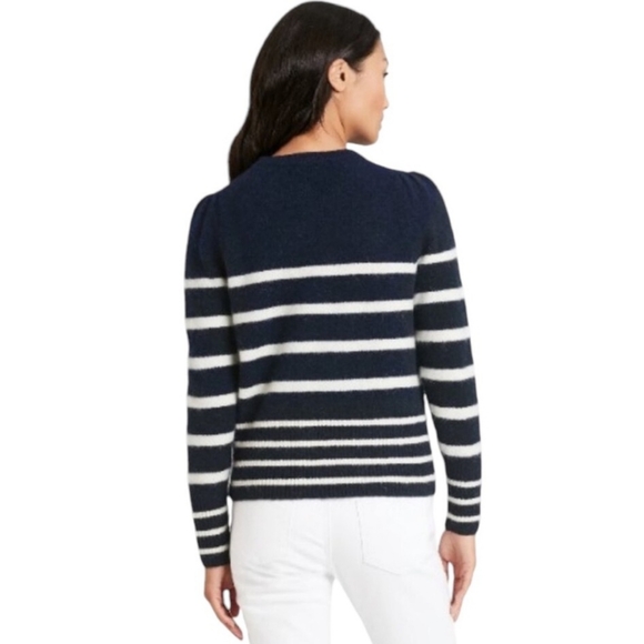 NWT Banana Republic stripe sweater navy white puff sleeve alpaca sweater - Picture 3 of 13